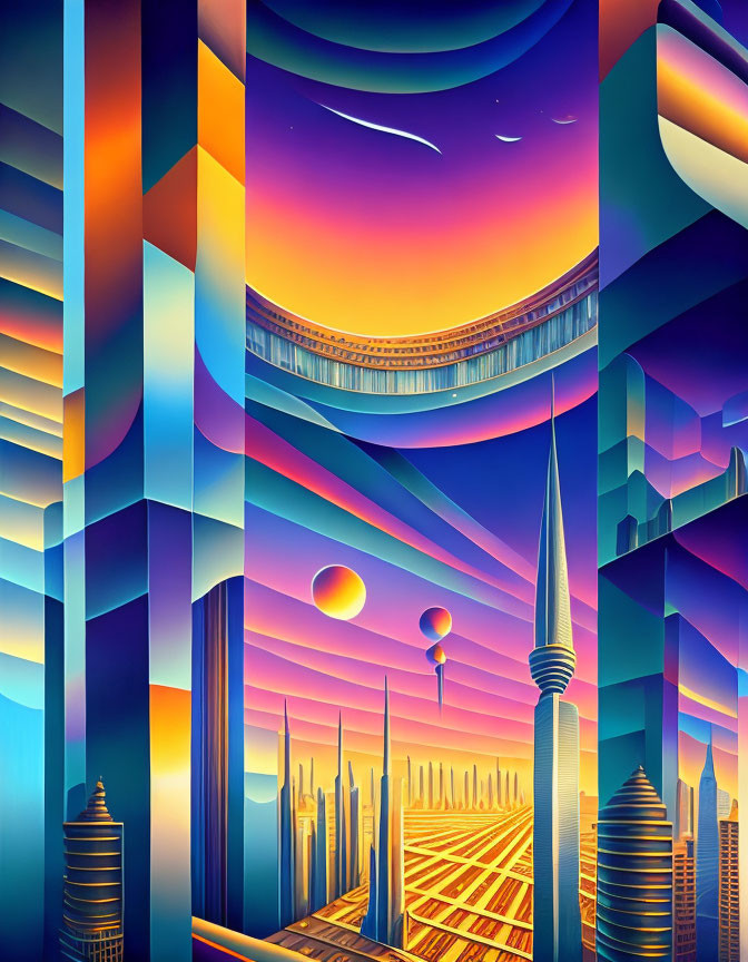 Vibrant futuristic cityscape with skyscrapers, monorail bridge, hot air balloons,