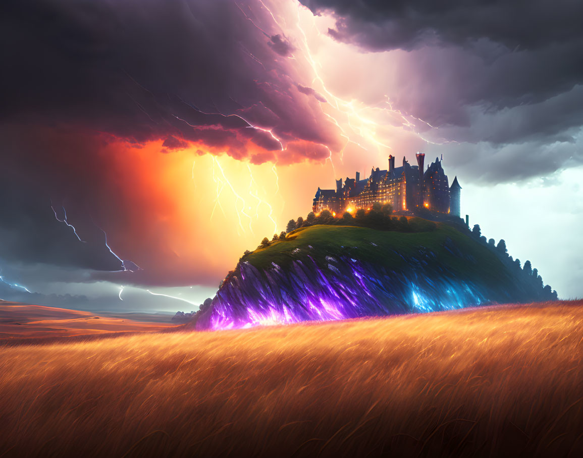 Majestic castle on hill in golden field under dramatic thunderstorm sky