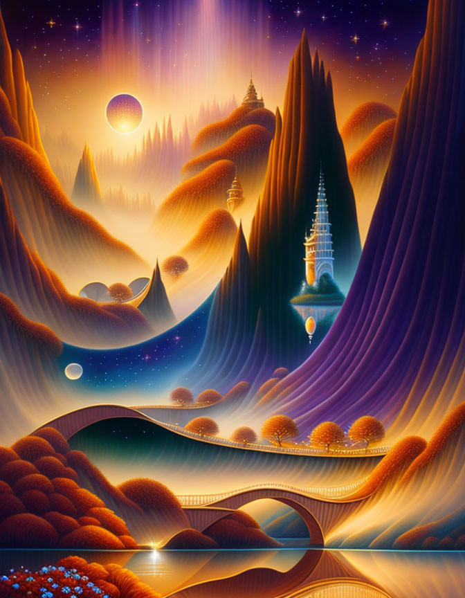 Vibrant hills, bridge, castle, orbs, starry sky in surreal landscape