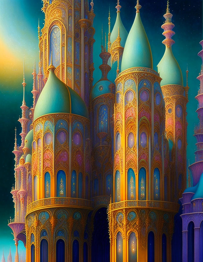 Detailed illustration of ornate castle with vibrant spires at twilight