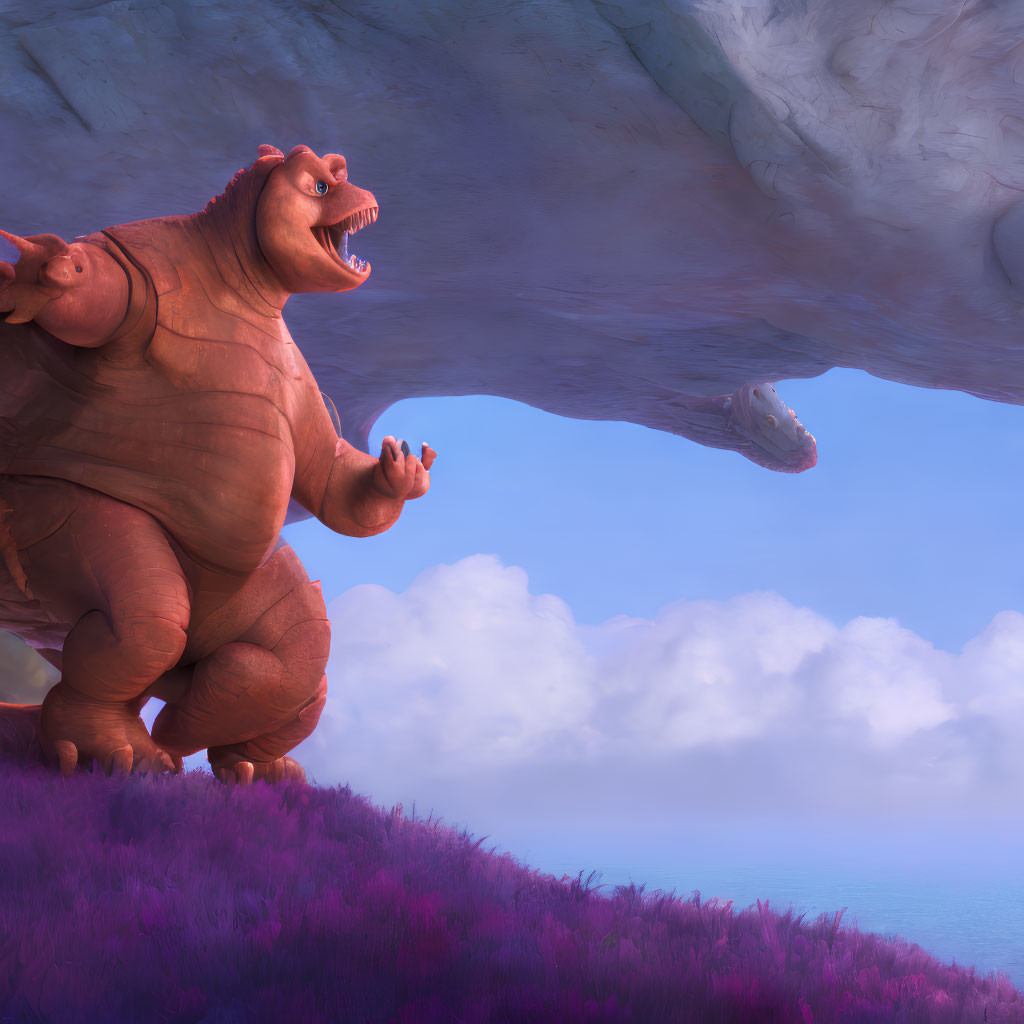 Large bear-like creature animated beside lavender plants and cliff under cloudy sky