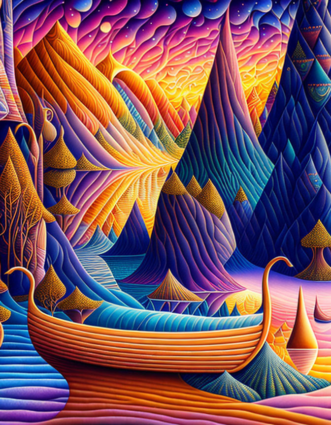 Colorful Psychedelic Landscape with Mountains and Trees