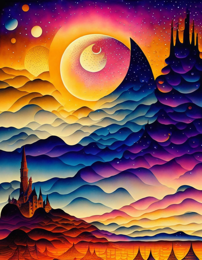 Stylized painting of castle under night sky with crescent moon eye