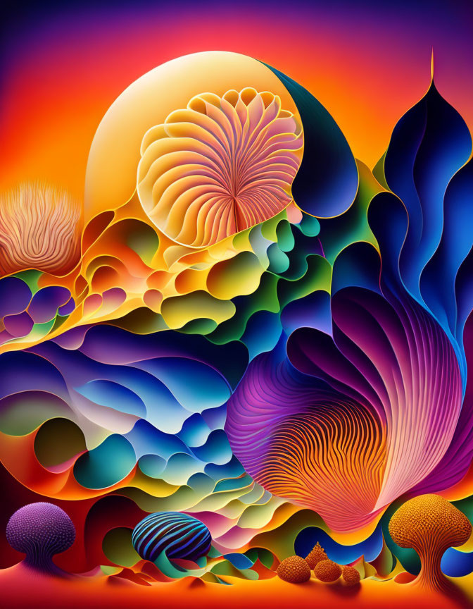 Colorful Abstract Art: Psychedelic Organic Shapes with Sun Sphere