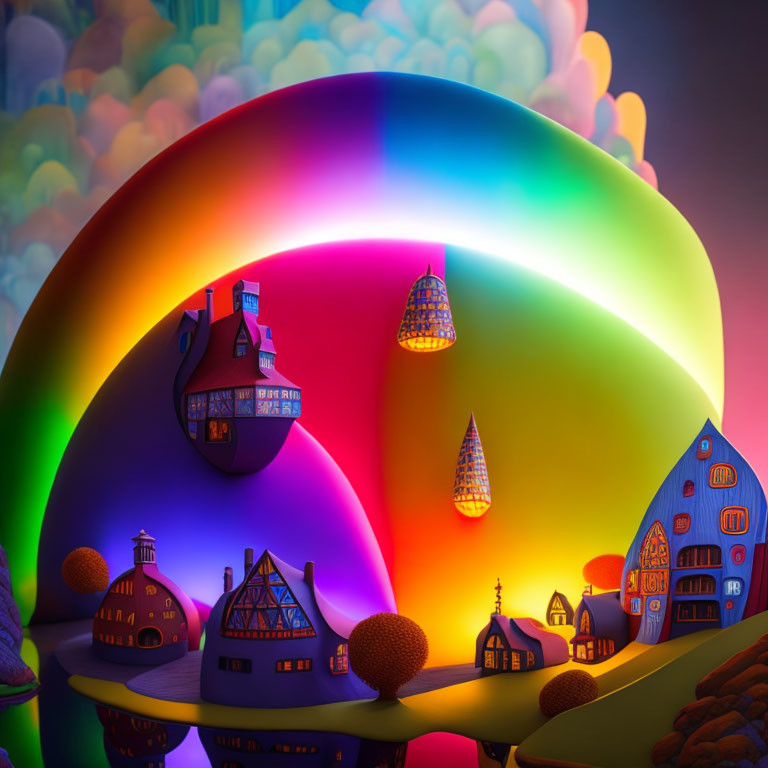 Colorful Landscape with Glowing Rainbow Archway and Stylized Houses