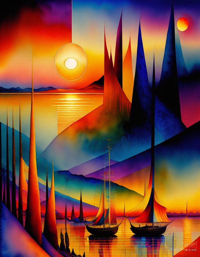 Colorful artwork with mountains, sun, water, sailboats, and surreal sky.