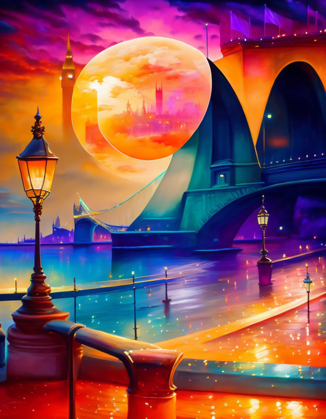 Colorful cityscape at dusk with moon, streetlamps, bridge, and reflective surfaces