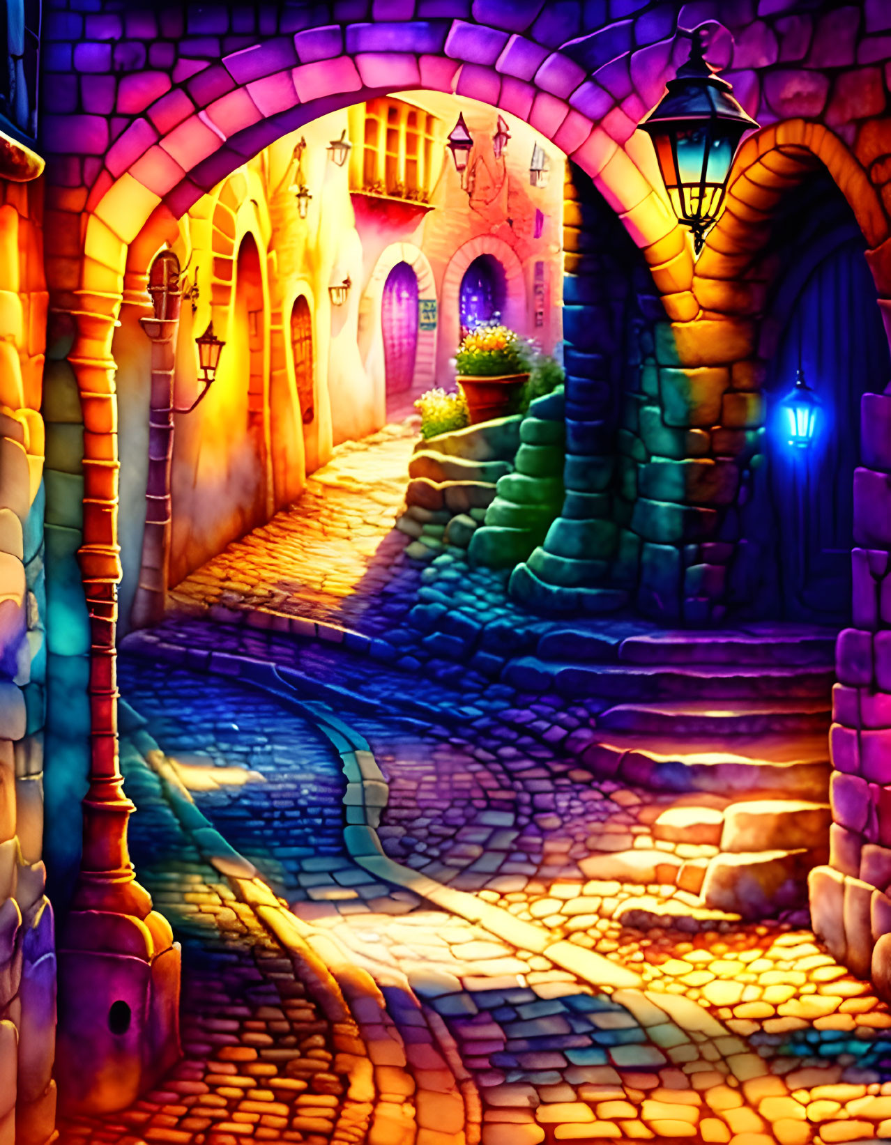 Colorful Cobblestone Alleyway with Archways, Lanterns, and Stairs