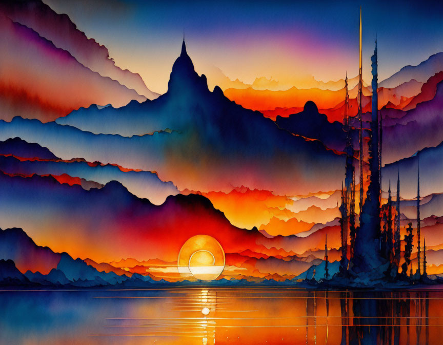 Scenic watercolor painting of sunset over mountains and lake