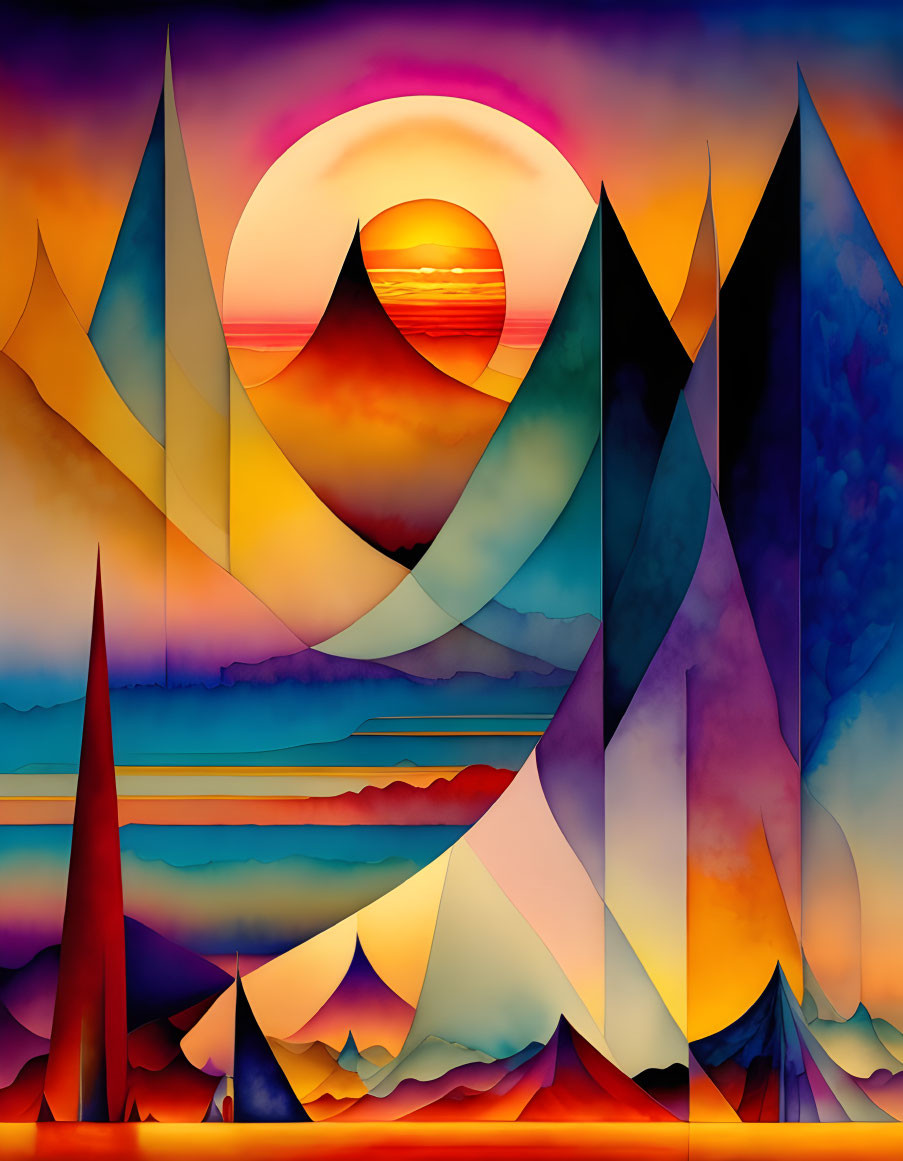 Colorful Abstract Landscape with Geometric Shapes in Warm Palette