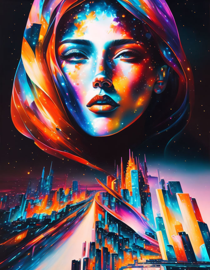 Colorful cosmic-themed woman overlaying cityscape with neon lights