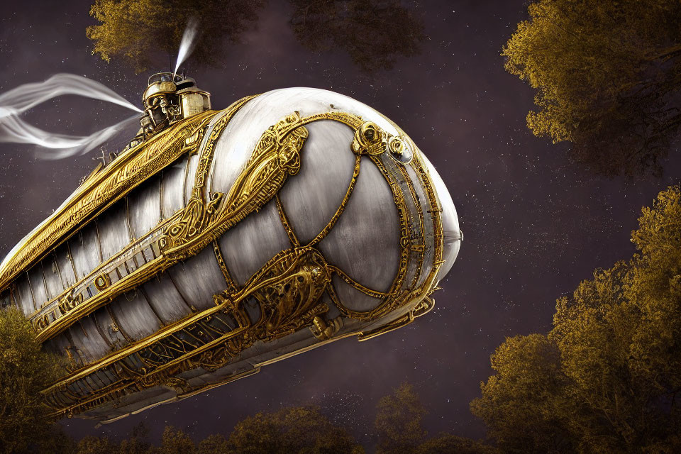 Steampunk airship with gold details flying over forest at dusk