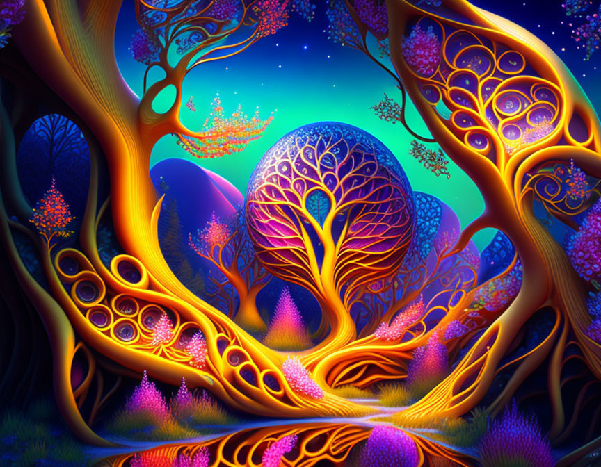 Colorful Psychedelic Forest Scene with Twisted Trees and Starry Sky