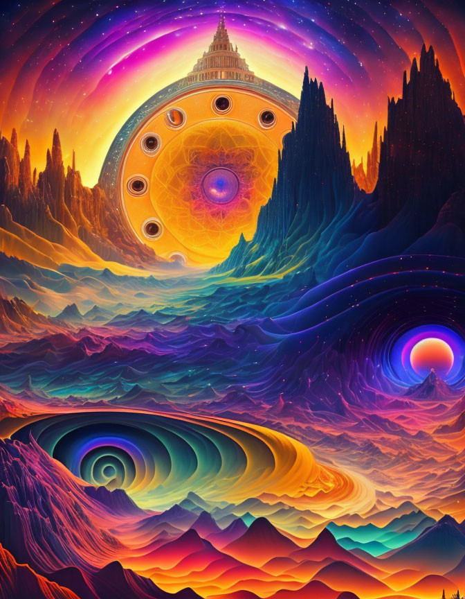 Colorful Psychedelic Landscape with Swirling Patterns and Cosmic City