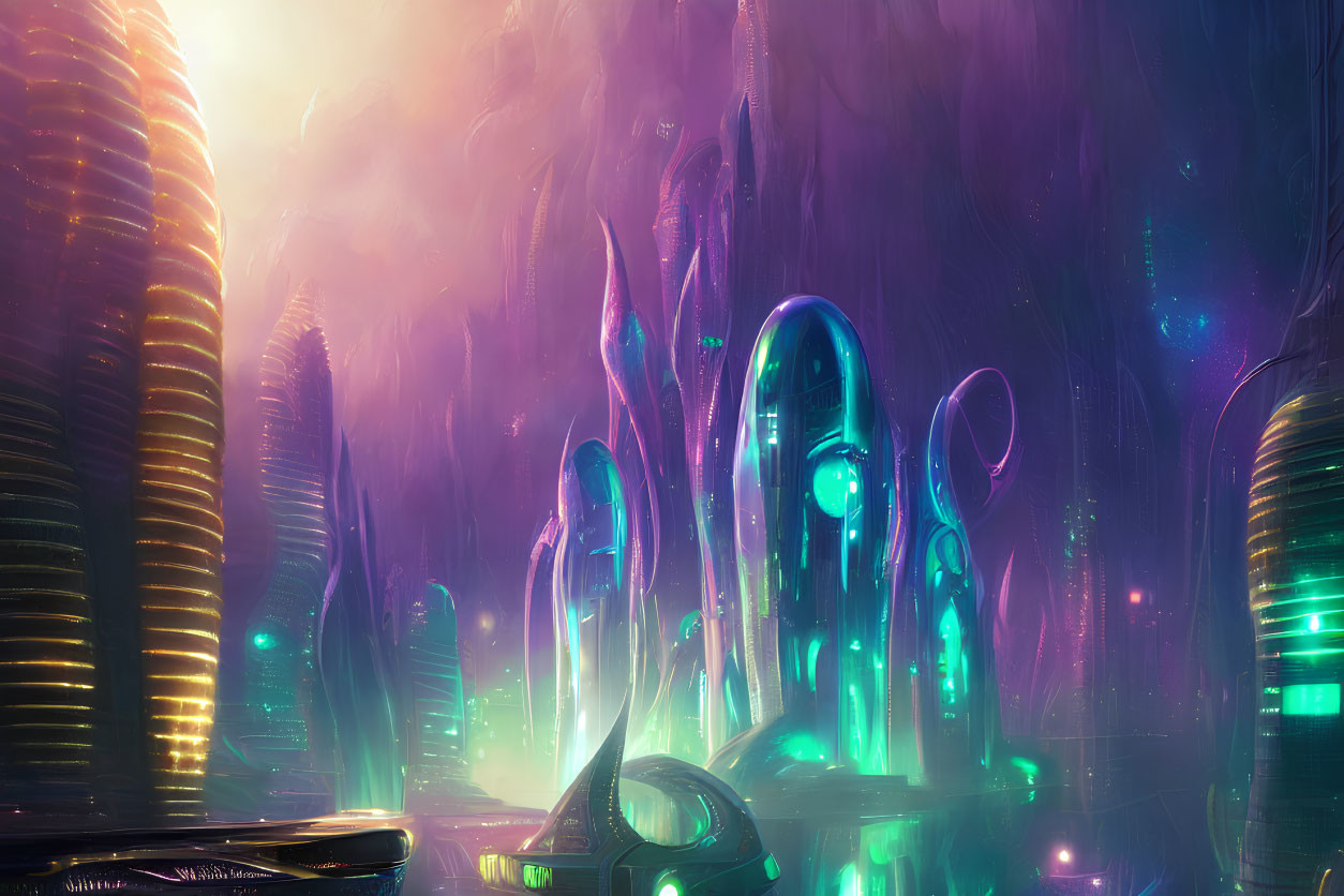 Futuristic cityscape with towering luminescent structures and purple-teal color palette