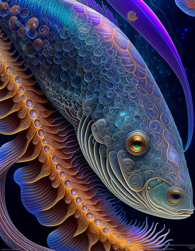 Colorful fish illustration with intricate patterns on dark cosmic background