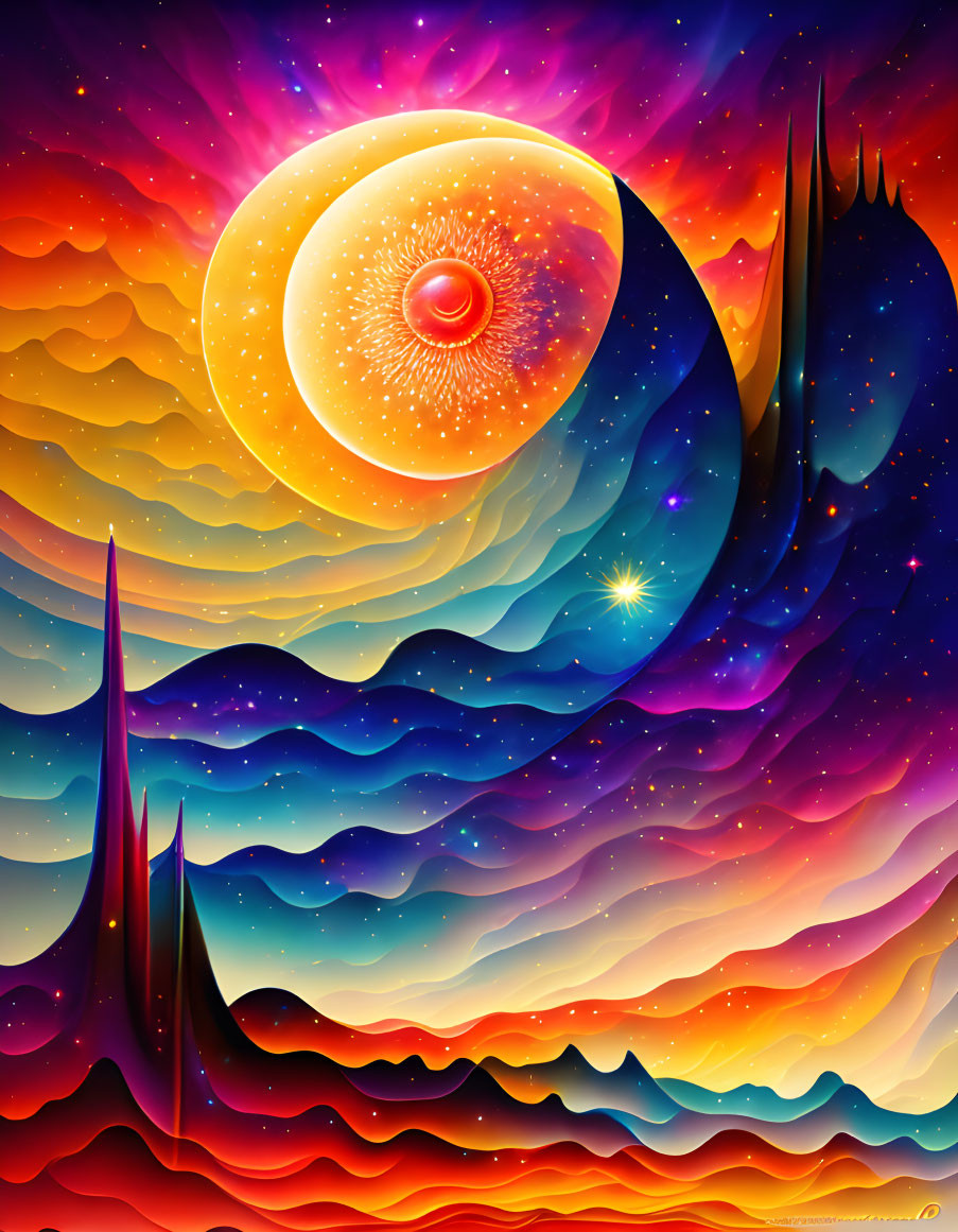 Surreal illustration of eye-like sun over cosmic hills