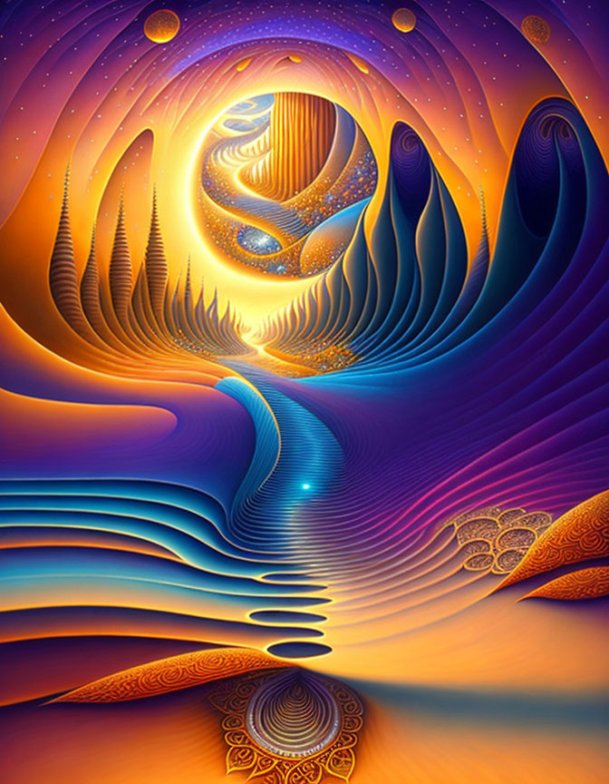 Colorful Surreal Landscape with Cosmic Elements in Orange and Blue