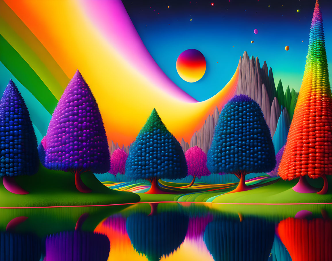 Colorful Fantasy Landscape with Rainbow Sky and Red Moon