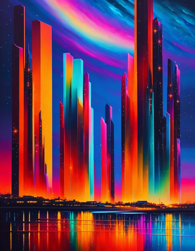 Futuristic cityscape digital artwork with neon-lit skyscrapers under multicolored aurora