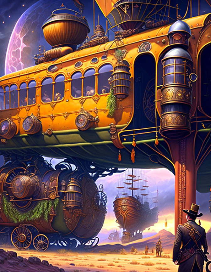 Steampunk flying train, airships, and purple planet scene with figure in top hat