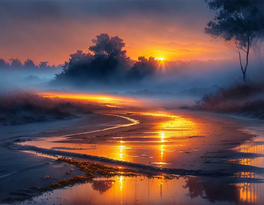 Tranquil sunset with orange hues on wet road and misty trees