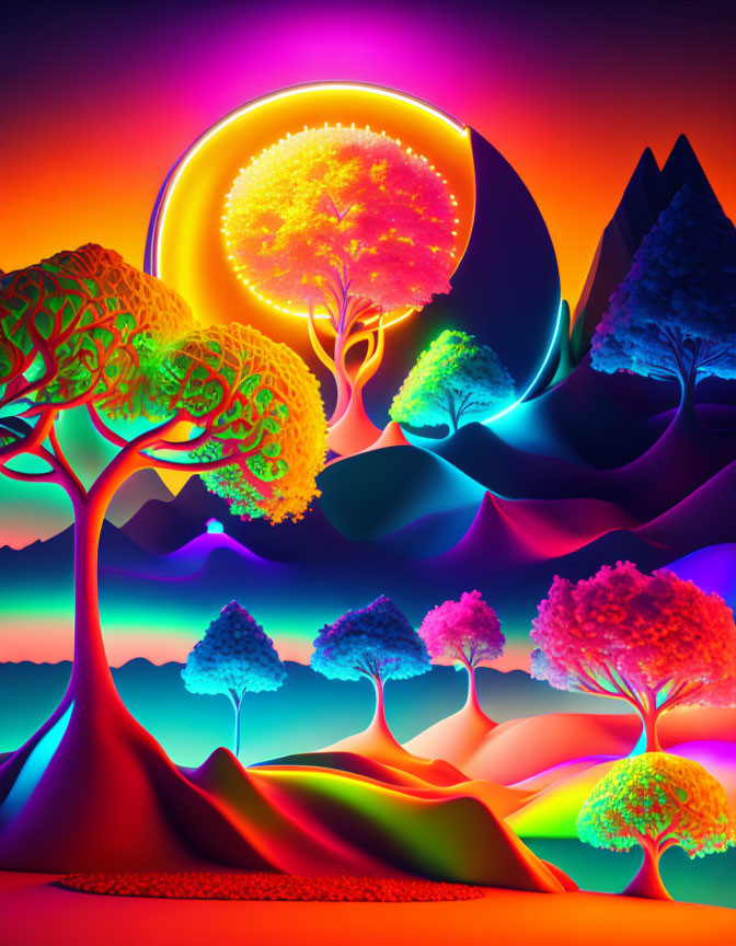 Neon-colored trees in luminous digital landscape