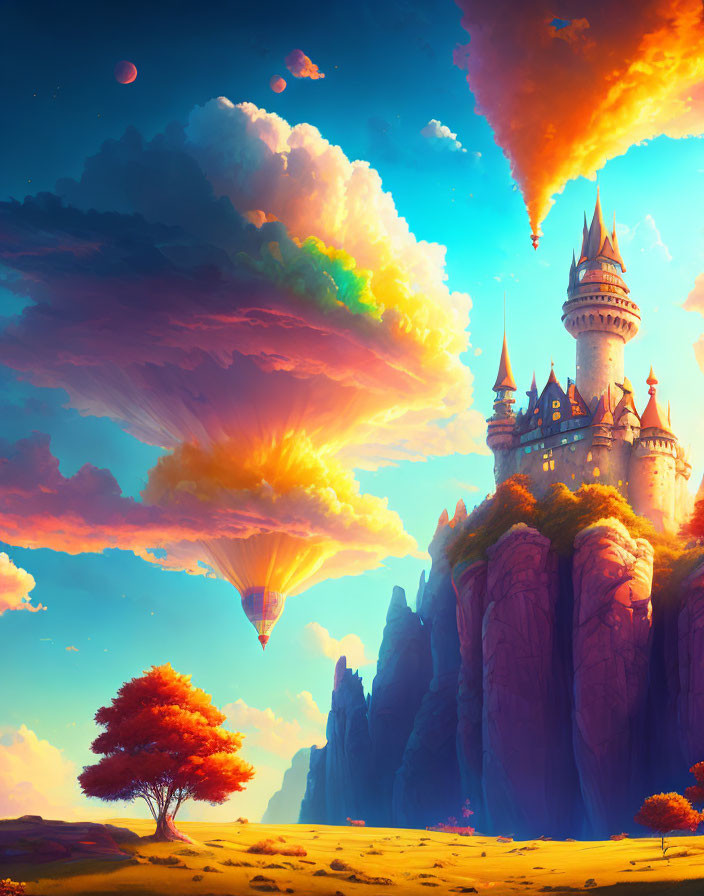 Fantasy landscape with castle, hot air balloon, colorful skies & floating islands