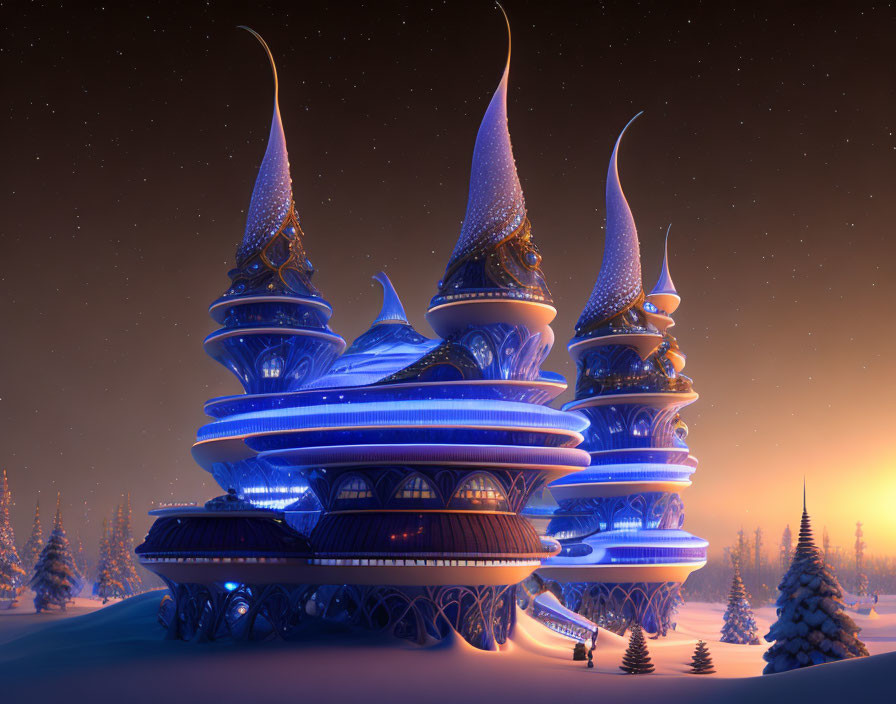 Fantastical multi-tiered structure with pointed spires in snowy twilight landscape