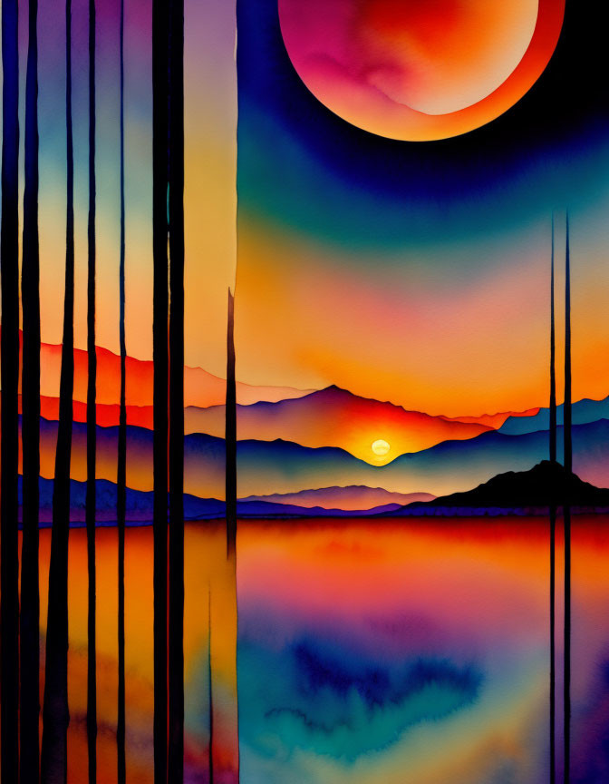 Surreal sunset painting with red sun, trees, and colorful skies