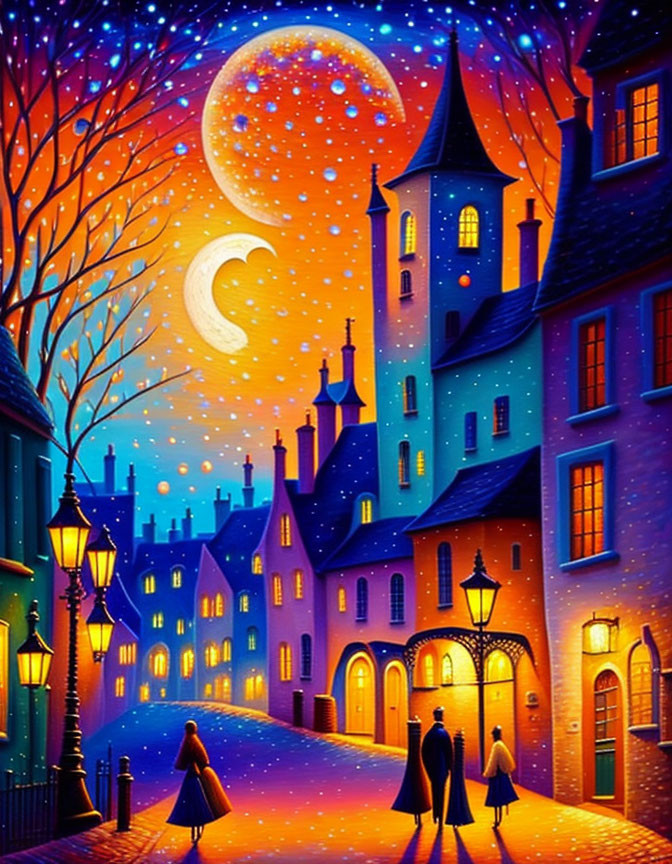 Colorful artwork: Whimsical town at night with crescent moon, stars, glowing windows,