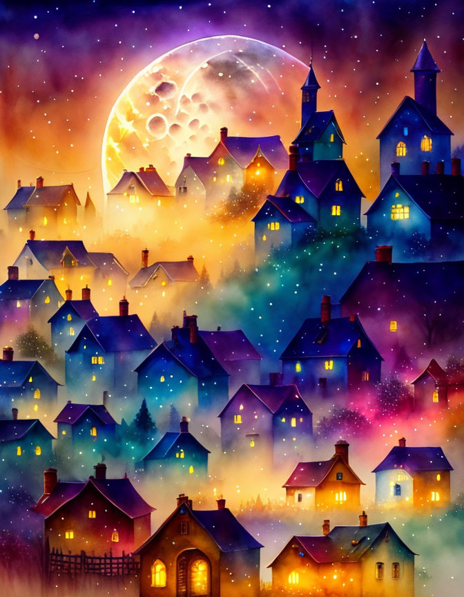 Colorful Painting: Picturesque Village Night Scene with Luminous Moon