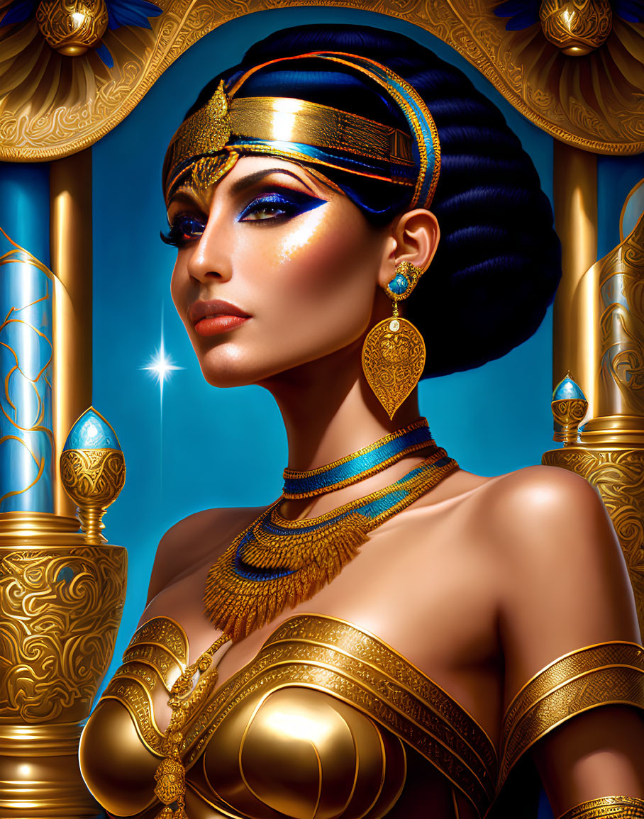 Ancient Egyptian-style woman with golden jewelry and Cleopatra-inspired hairstyle on blue background