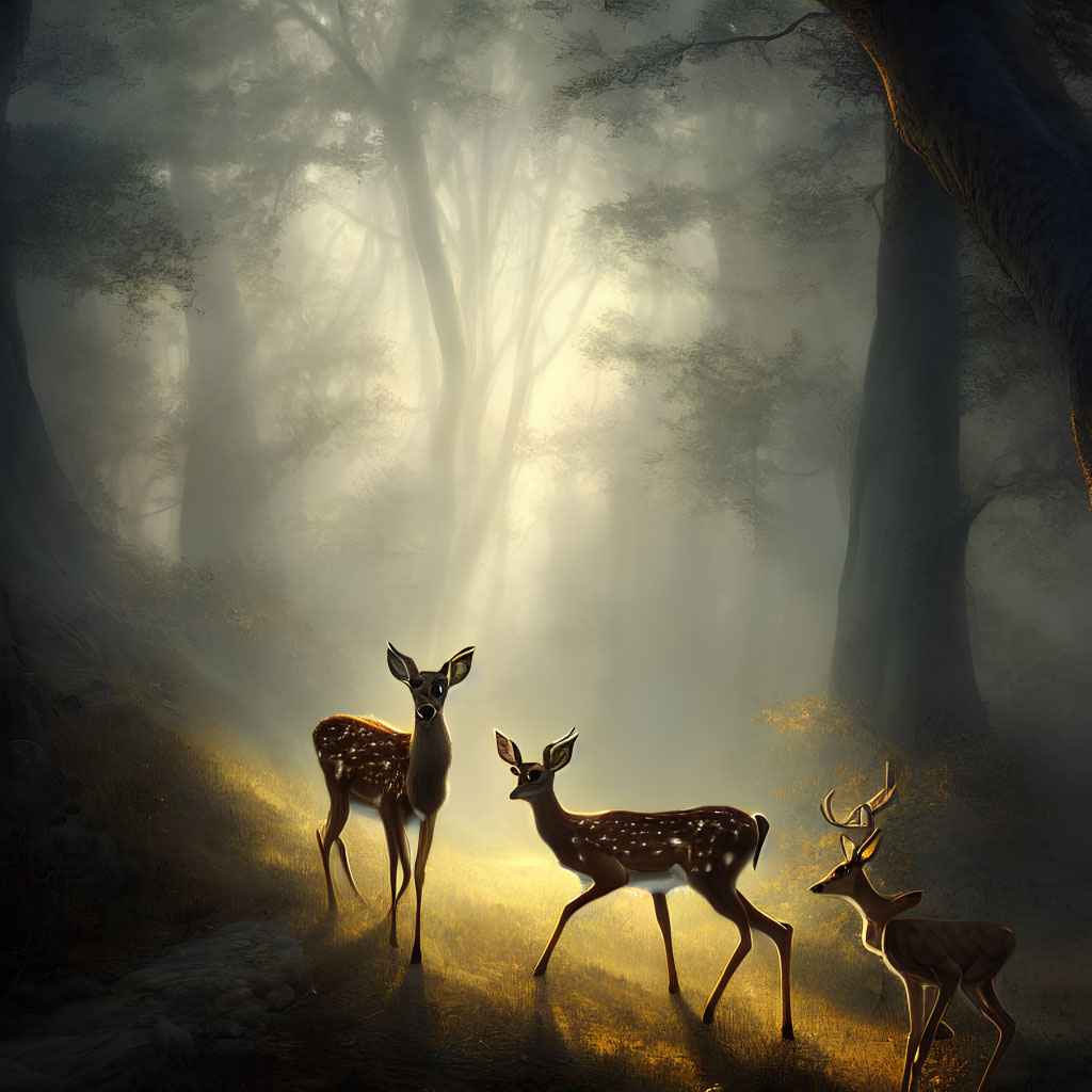 Tranquil forest landscape with three deer in soft golden light