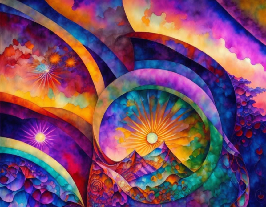 Colorful Abstract Artwork: Swirls, Waves, and Starburst Patterns