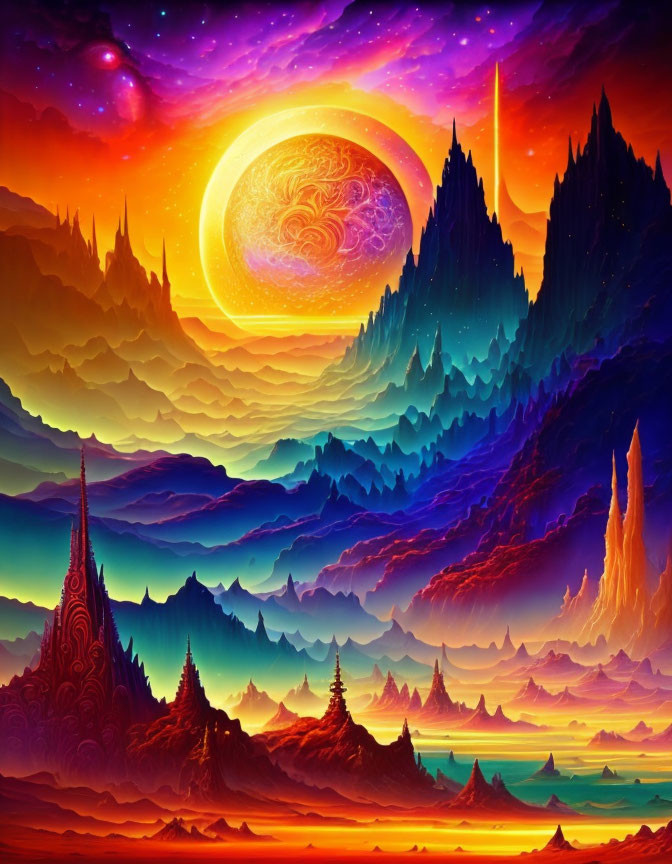 Surreal landscape with towering spires and large sun in colorful sky