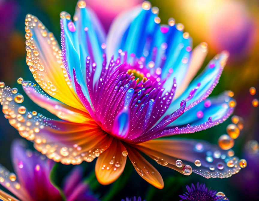 Colorful Flower with Water Droplets on Blurred Background