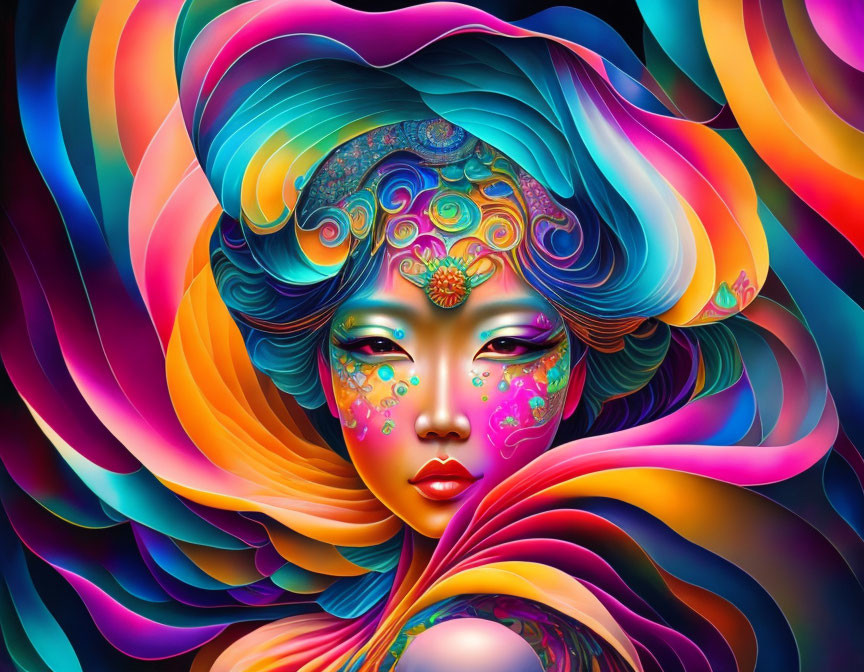 Colorful digital artwork: Woman with swirling, psychedelic hair and face paint in pink, blue, yellow