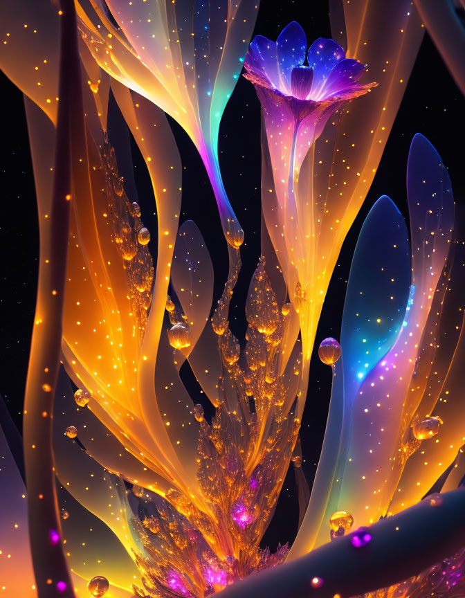 Glowing fantasy plants with luminous petals on dark background