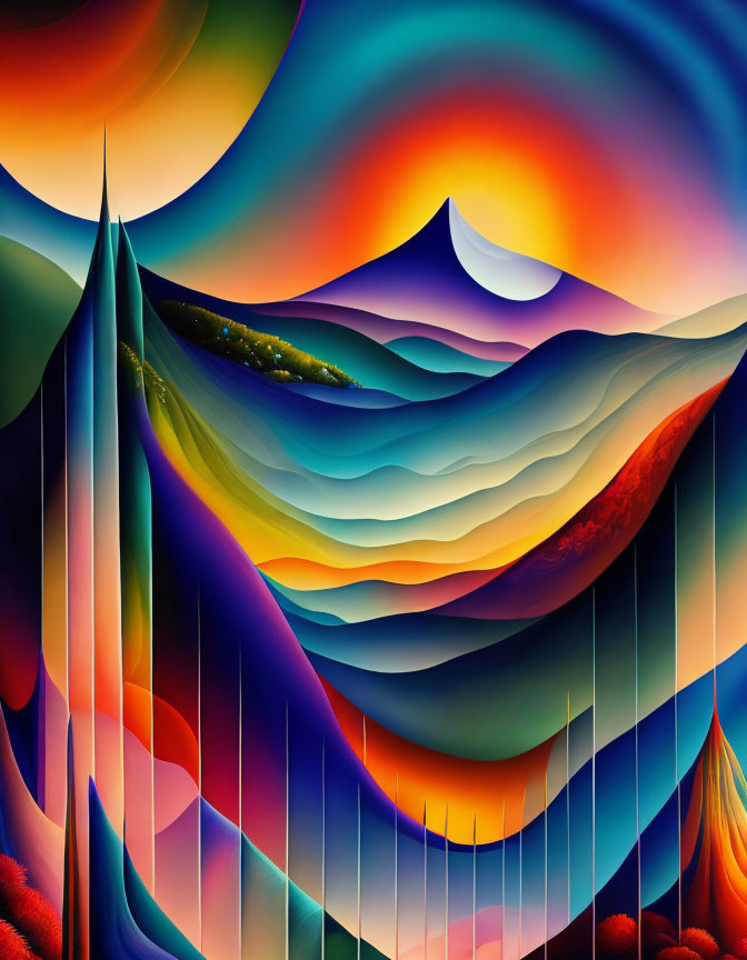 Colorful Stylized Digital Artwork: Surreal Mountain Landscape