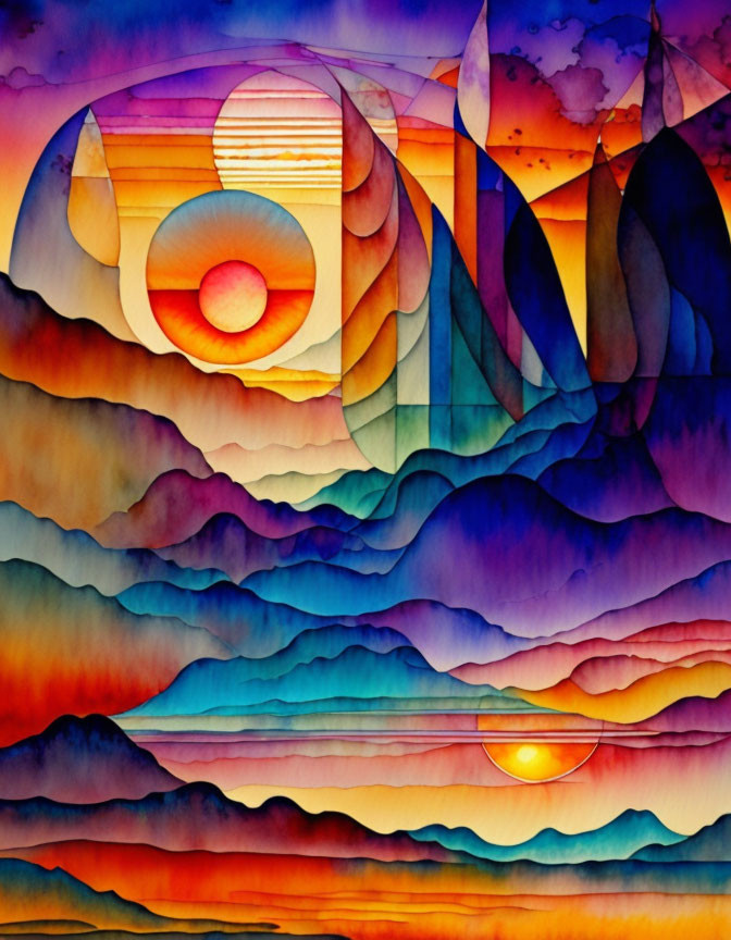 Vibrant watercolor painting: layered hills, valleys, and sun motif