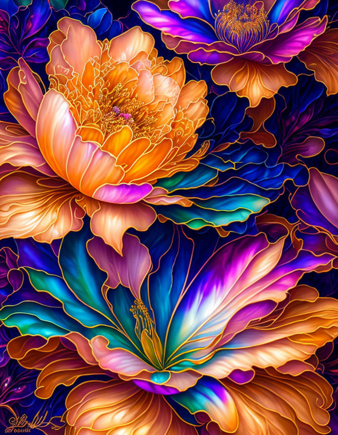 Colorful digital artwork of stylized flowers with orange, purple, and blue hues and intricate golden details