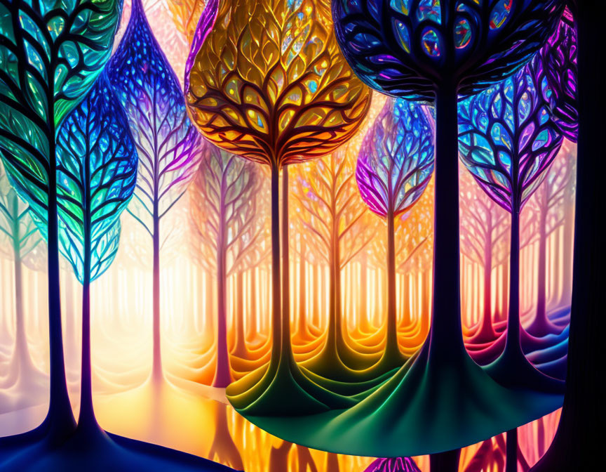 Colorful Stylized Forest Artwork with Intricate Trees