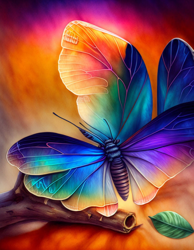 Colorful Butterfly Illustration with Iridescent Wings on Branch