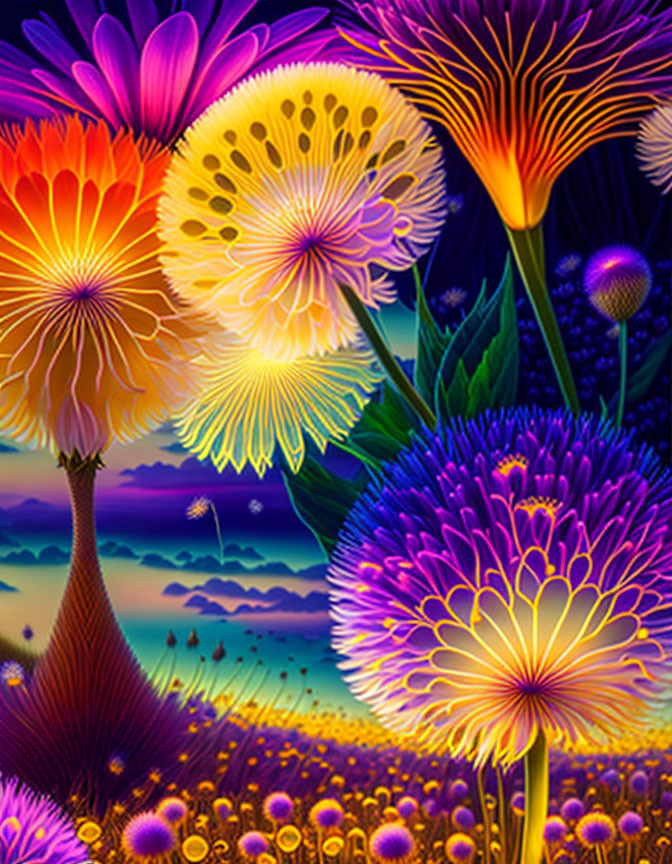 Colorful digital artwork: Stylized flowers in purple, orange, and yellow with fantasy landscape