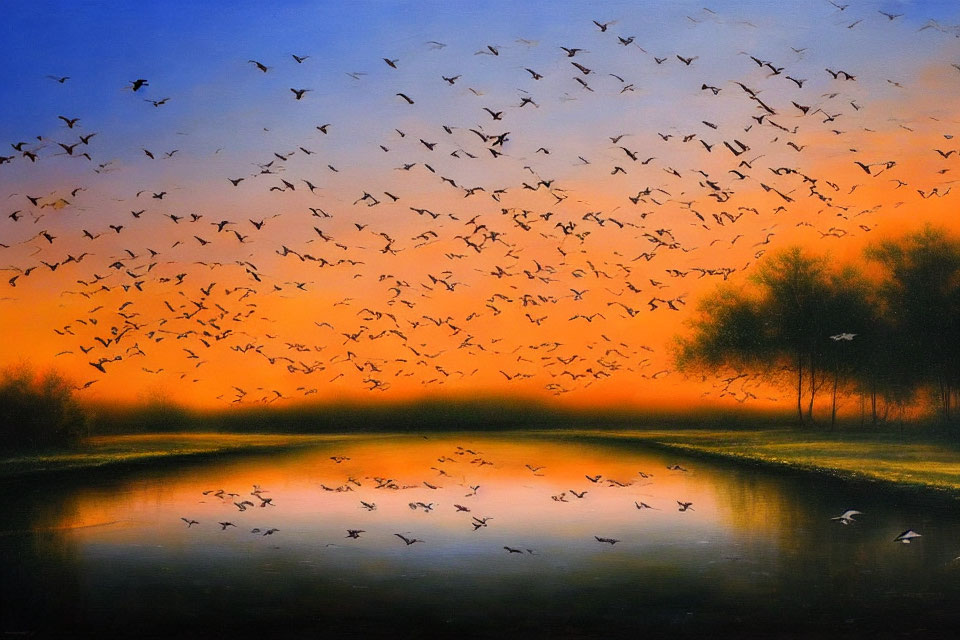 Tranquil sunset scene: Birds flying over golden lake.