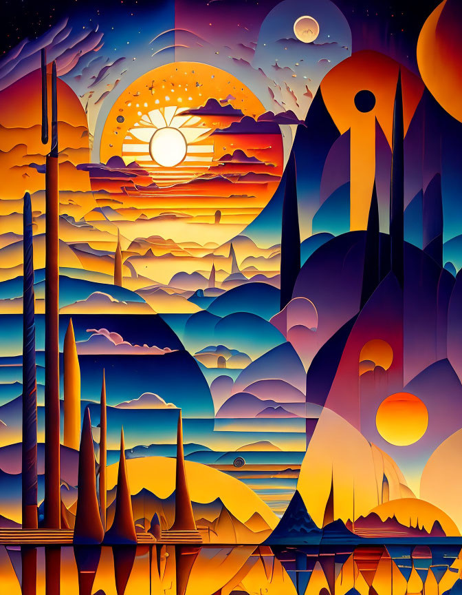 Vibrant futuristic landscape with mountains, suns, moons, and abstract structures