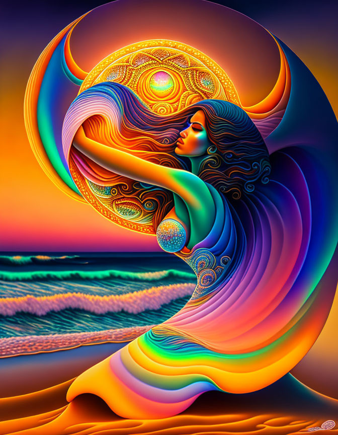 Colorful Psychedelic Woman Illustration in Celestial Ocean Landscape