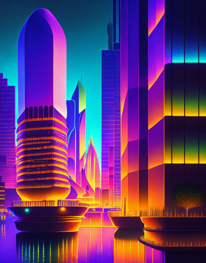 Futuristic cityscape digital artwork with neon skyscrapers and illuminated tree