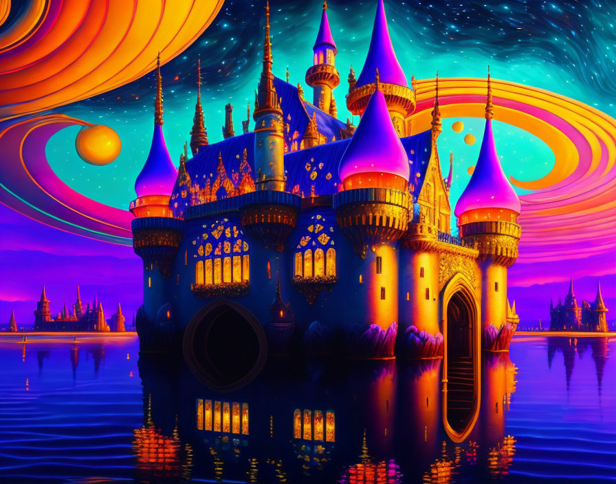 Fantasy castle reflected in water under psychedelic sky